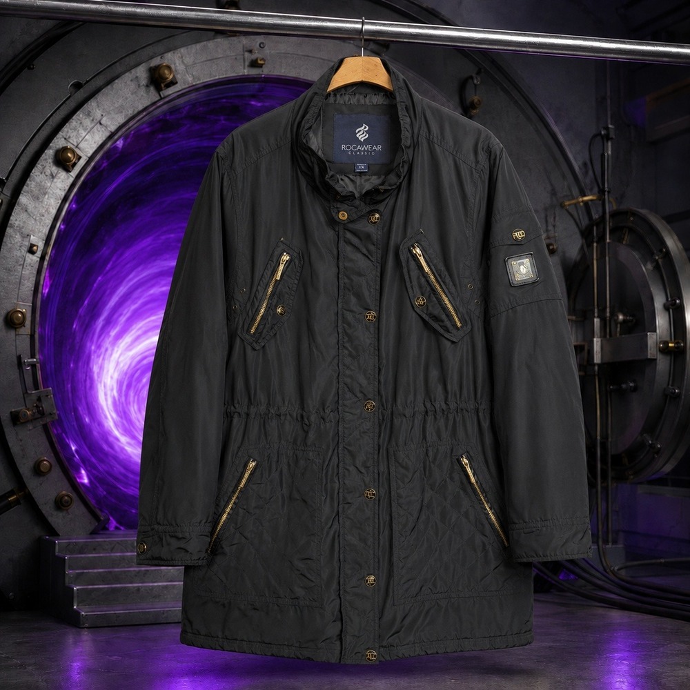 Vintage y2k 00s ROCAWEAR Classic Parka XL Black Parka Jacket Gold Trim Accents